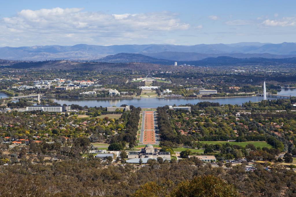 A view toward Parliament House in Canberra from Mt Ainslie